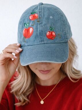 Vintage Denim Hand Painted Baseball Cap - Apple Design 🍎